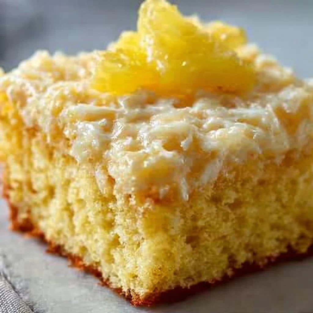 Slice of Pineapple Sunshine Cake topped with fresh pineapple and whipped cream