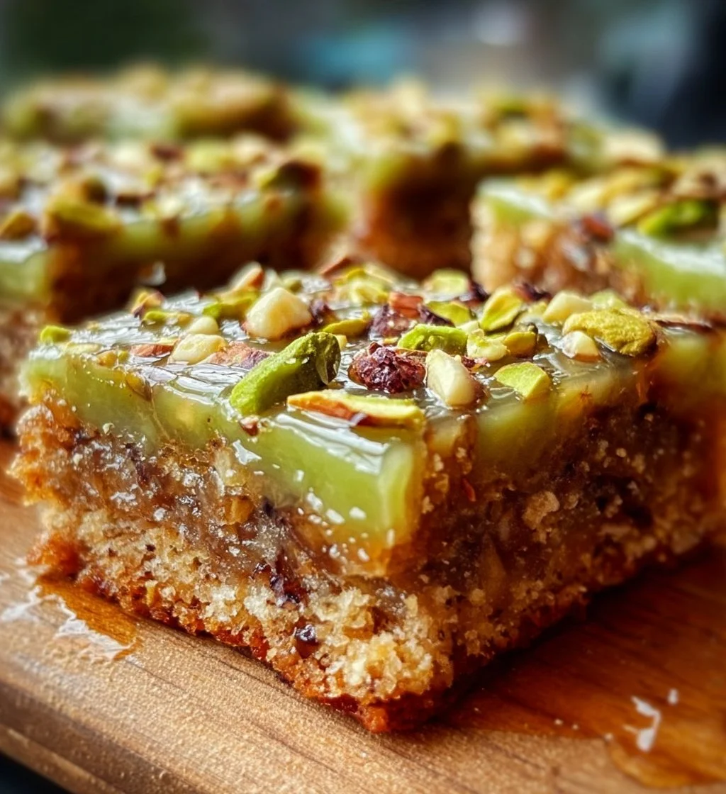 Delicious pistachio cookie bars served on a plate, garnished with pistachios.