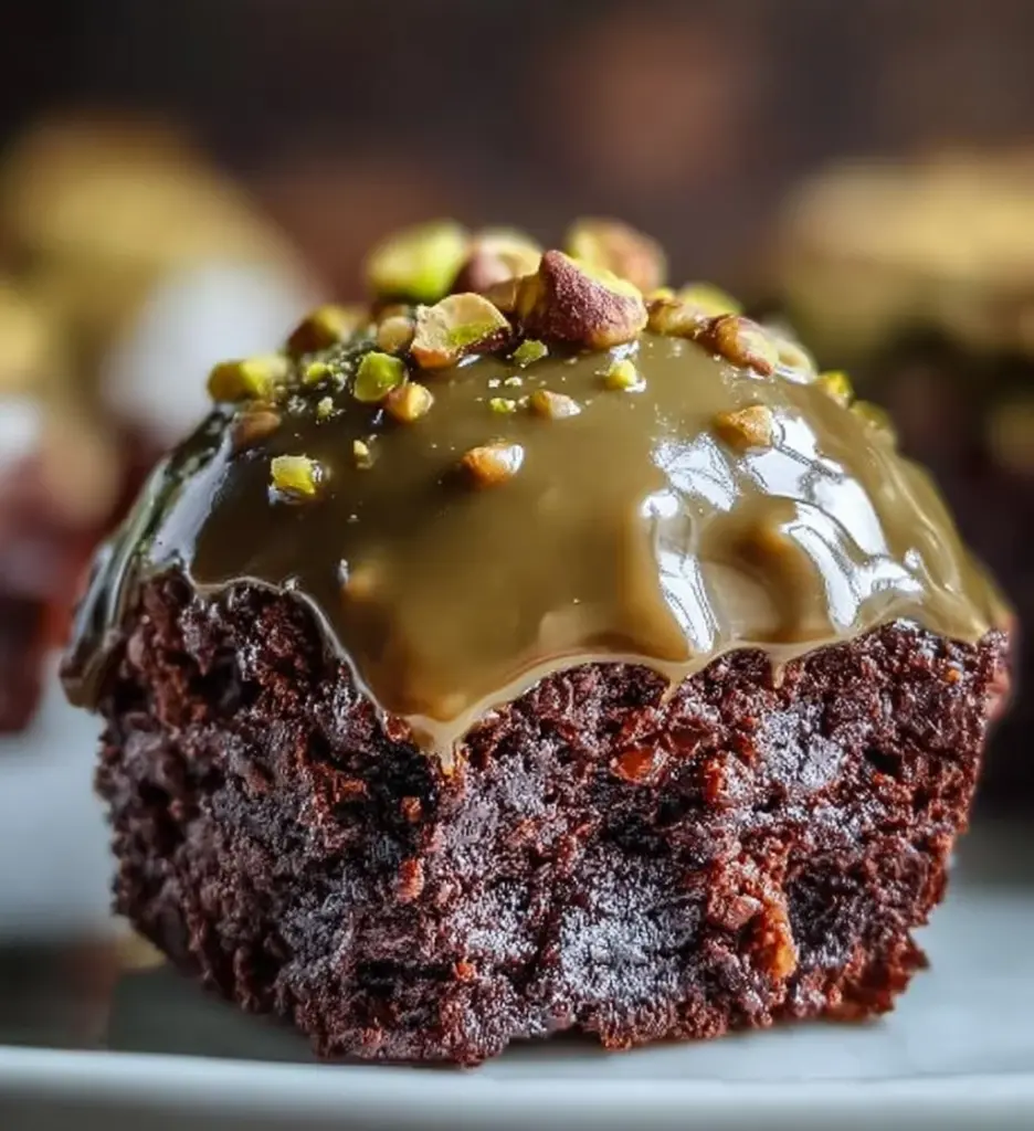 Pistachio Ferrero Rocher brownies topped with chopped nuts and chocolate drizzle