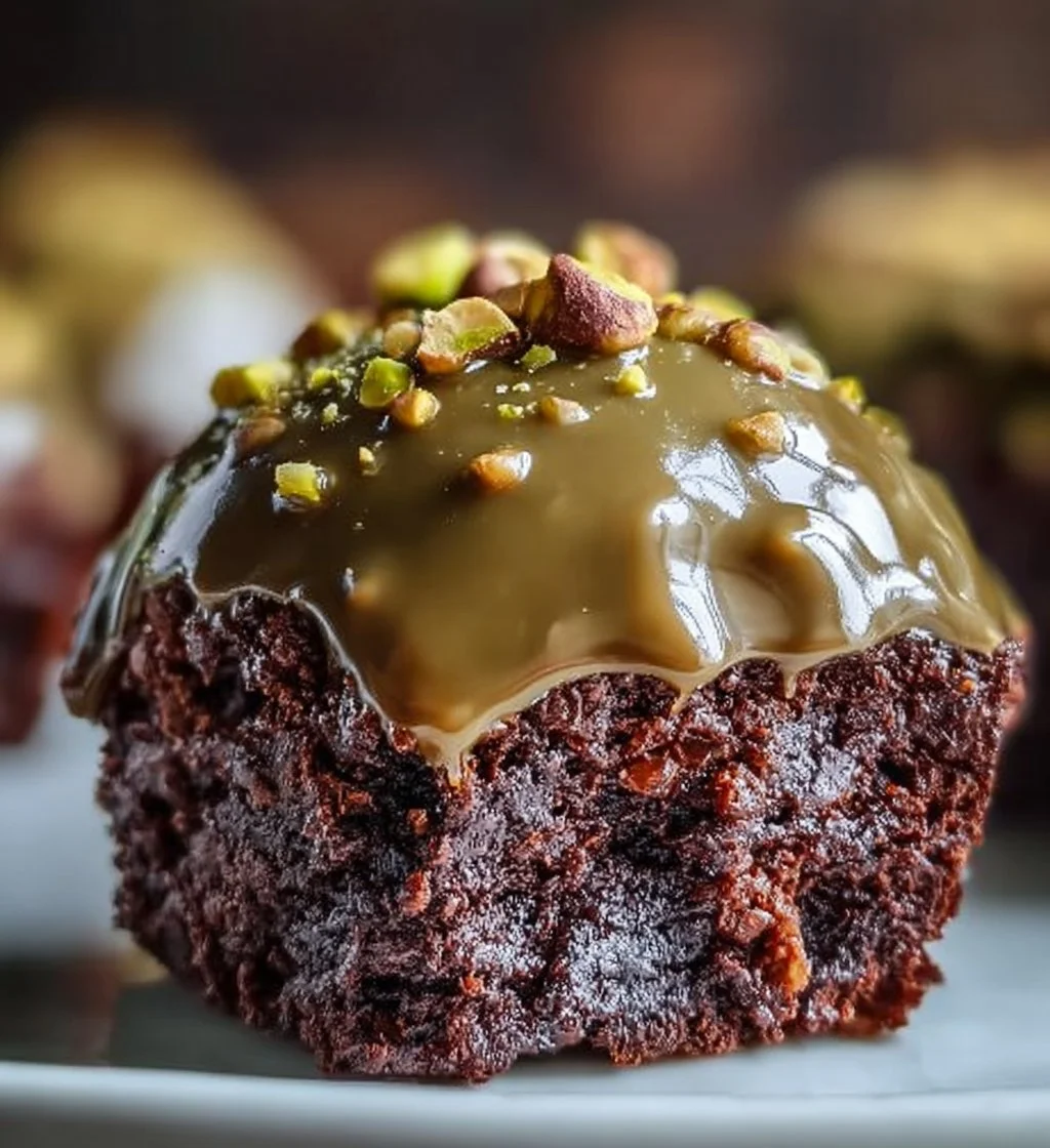 Pistachio Ferrero Rocher brownies topped with chopped nuts and chocolate drizzle