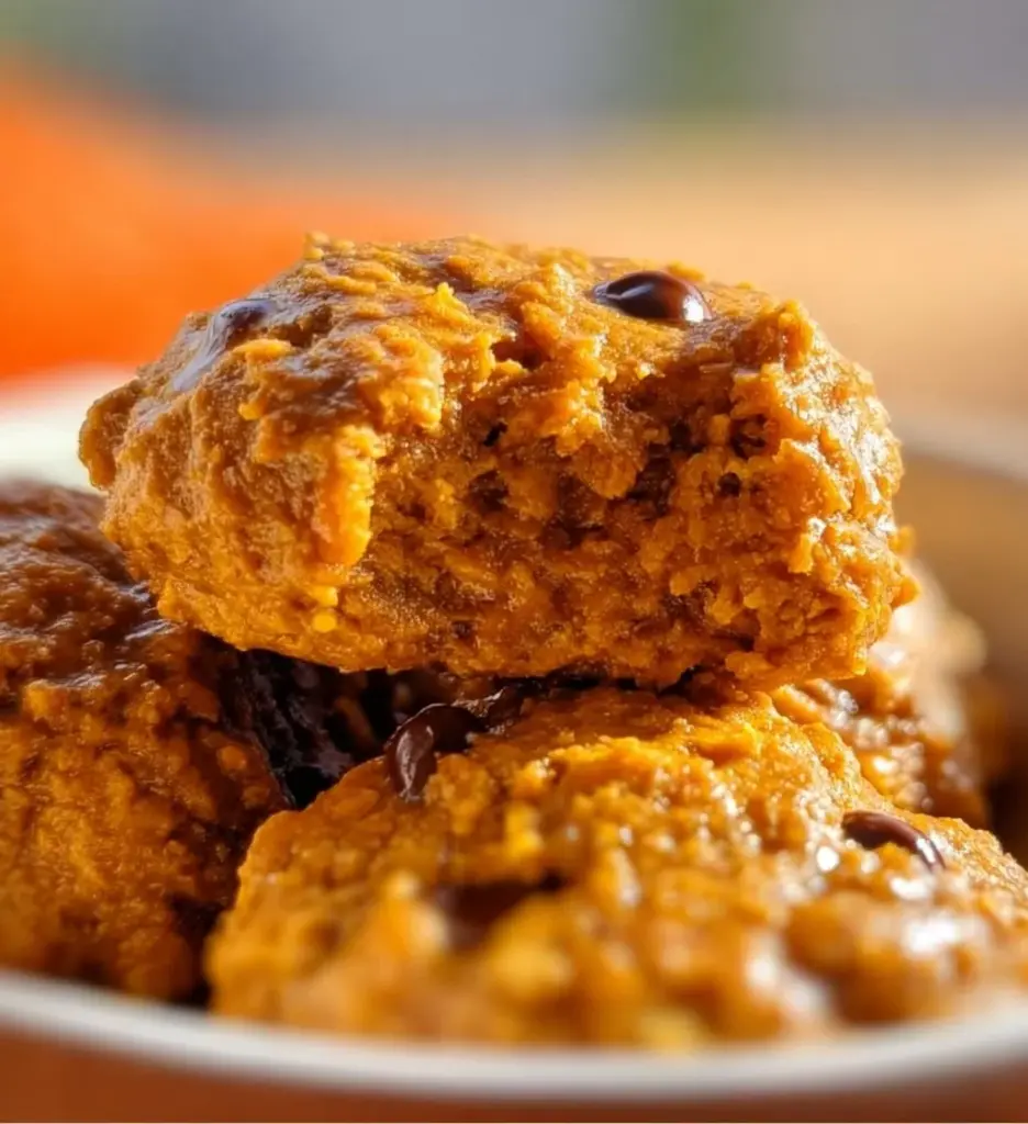 Baked pumpkin protein cookies on a wooden table with spices and ingredients