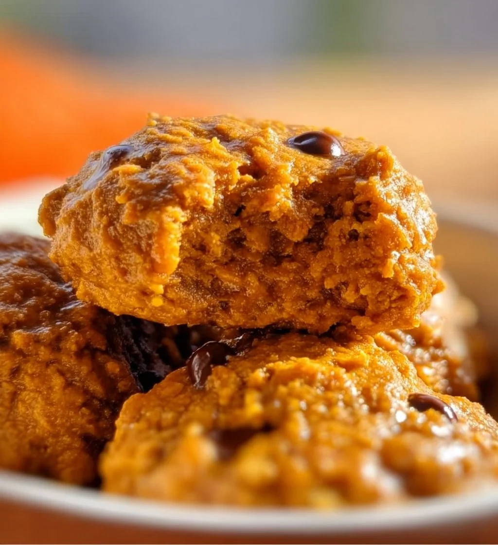 Baked pumpkin protein cookies on a wooden table with spices and ingredients
