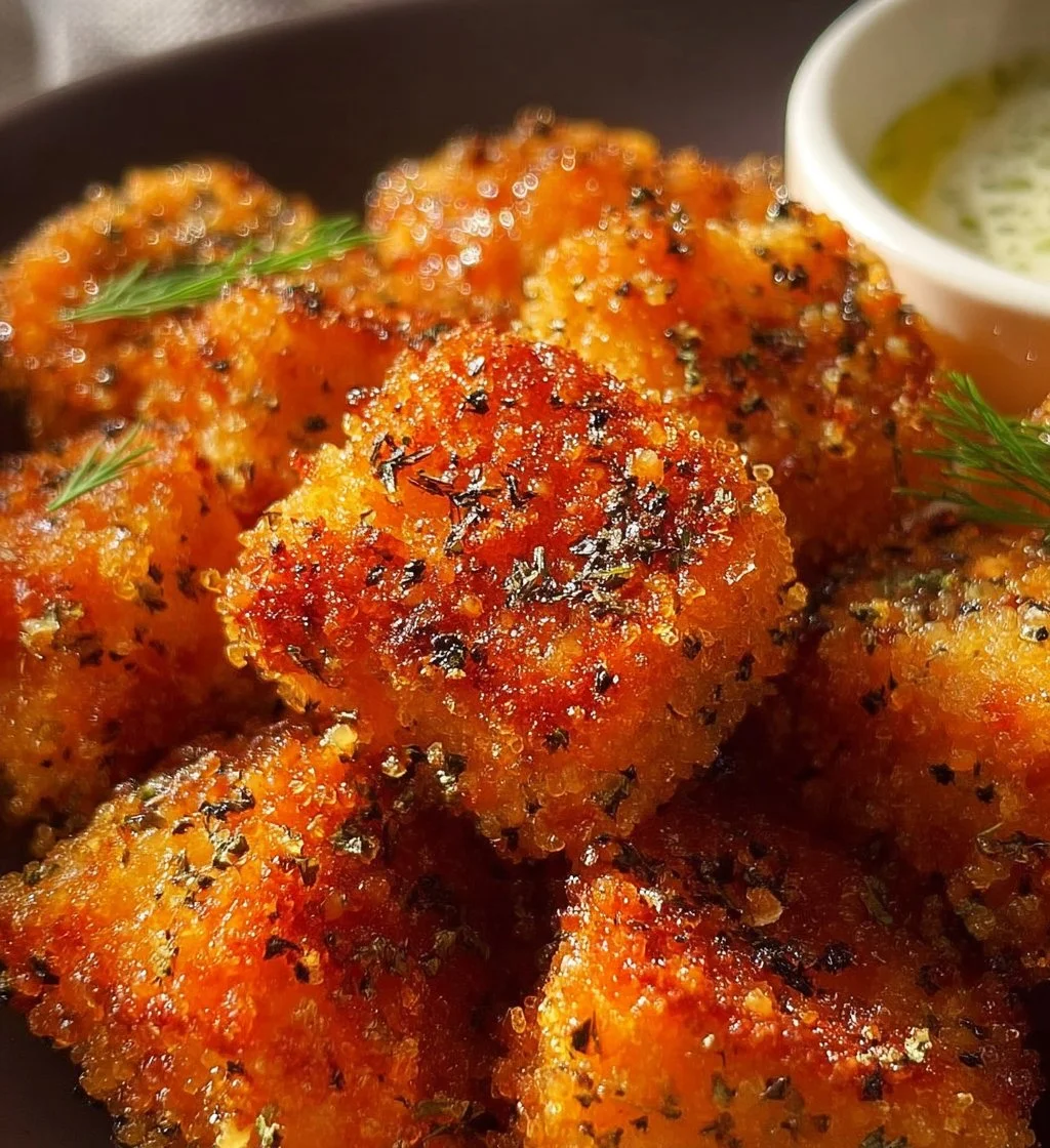 Panko Crusted Salmon Bites on a white platter garnished with herbs