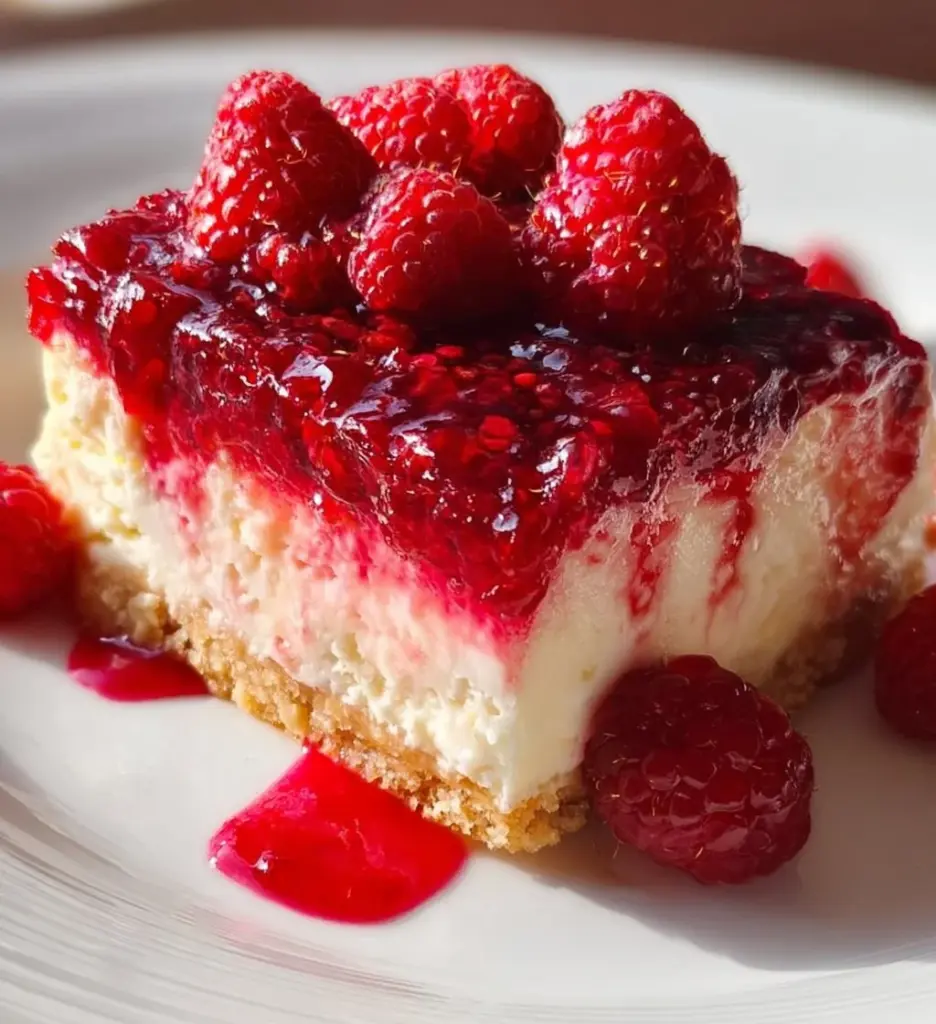 Delicious slice of Raspberry Cheesecake with fresh raspberries on top