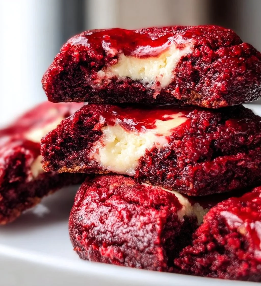 Delicious Red Velvet Cheesecake Cookies with cream cheese frosting on a plate