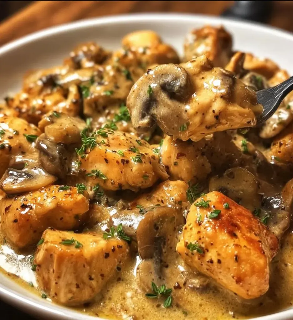Deliciously rich Chicken Stroganoff served in a bowl with herbs and noodles.
