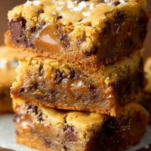 Delicious salted caramel chocolate chip cookie bars on a plate