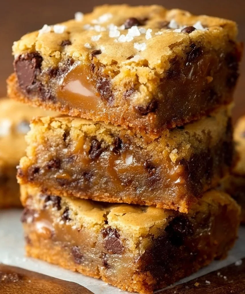 Delicious salted caramel chocolate chip cookie bars on a plate