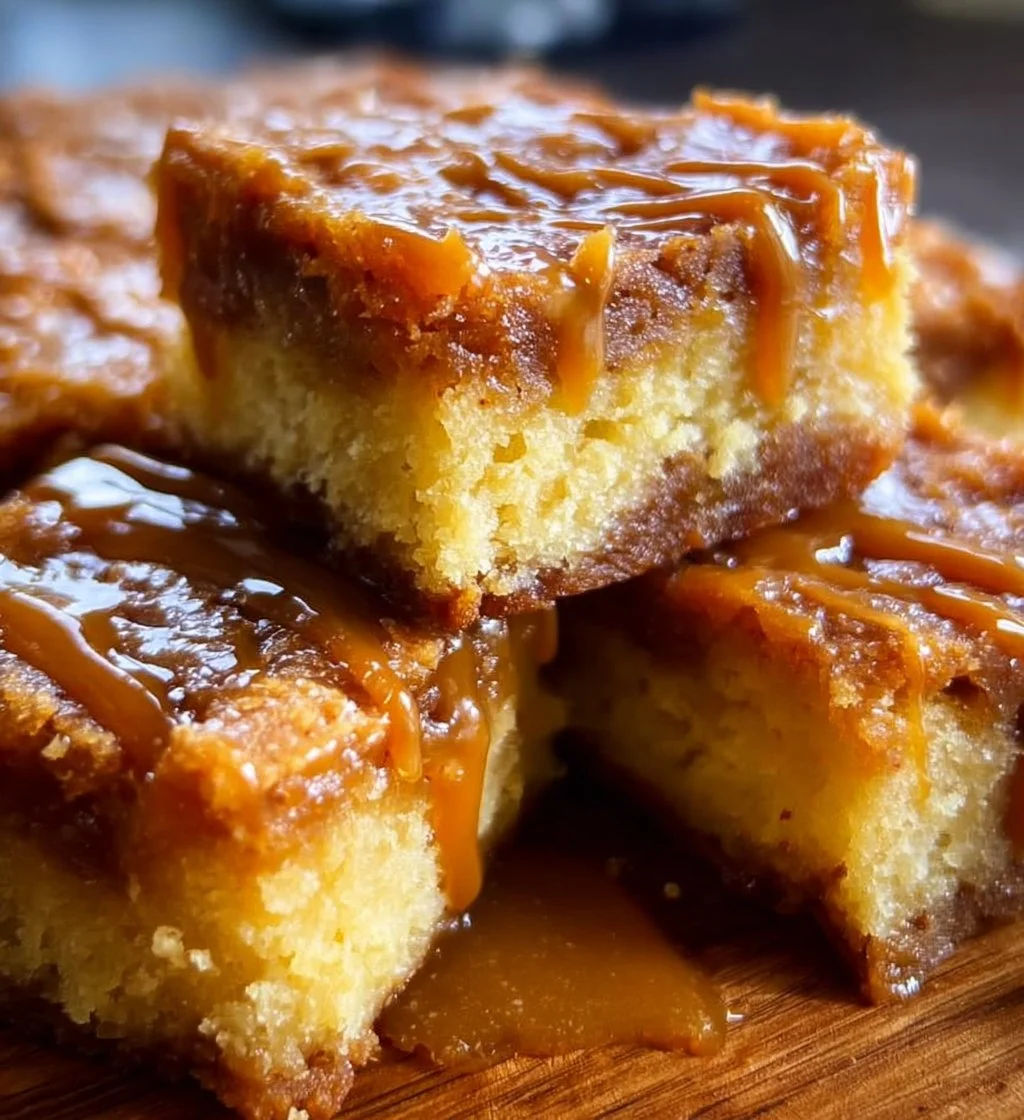 Salted caramel gooey butter bars with a rich creamy texture and sweet drizzle