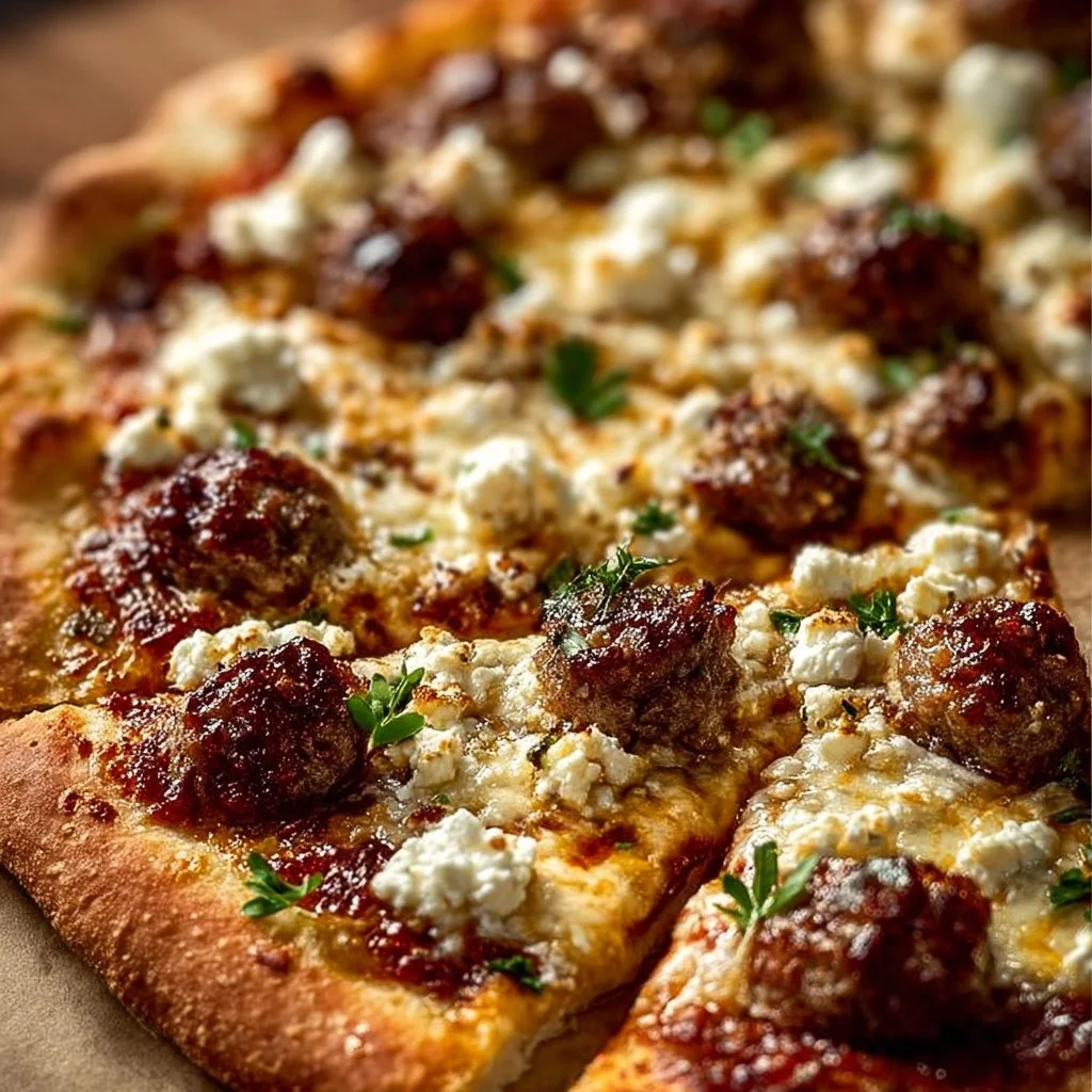 Delicious Sausage Feta Honey Pizza topped with savory sausage and sweet honey.