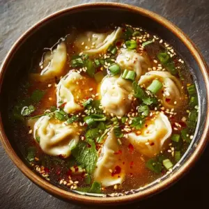 Bowl of savory Asian dumpling soup with fresh herbs and vegetables