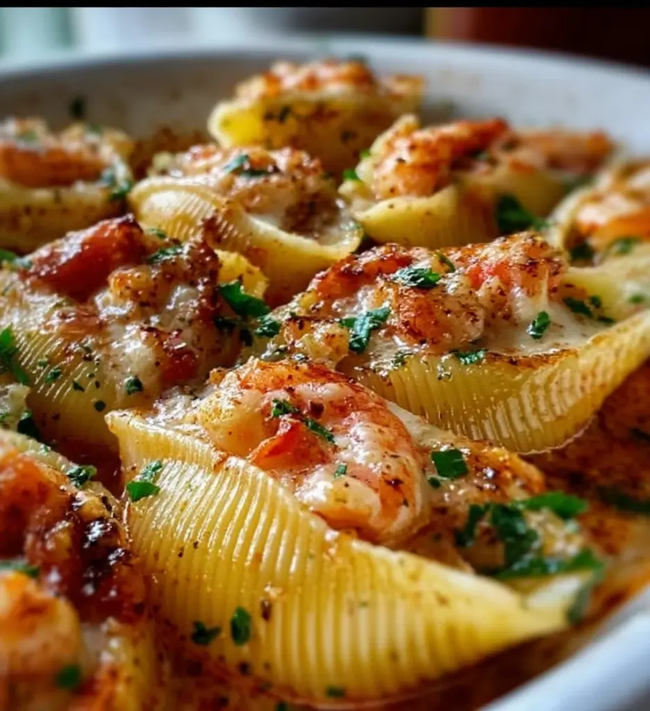 Delicious seafood stuffed shells topped with marinara sauce and garnished with herbs
