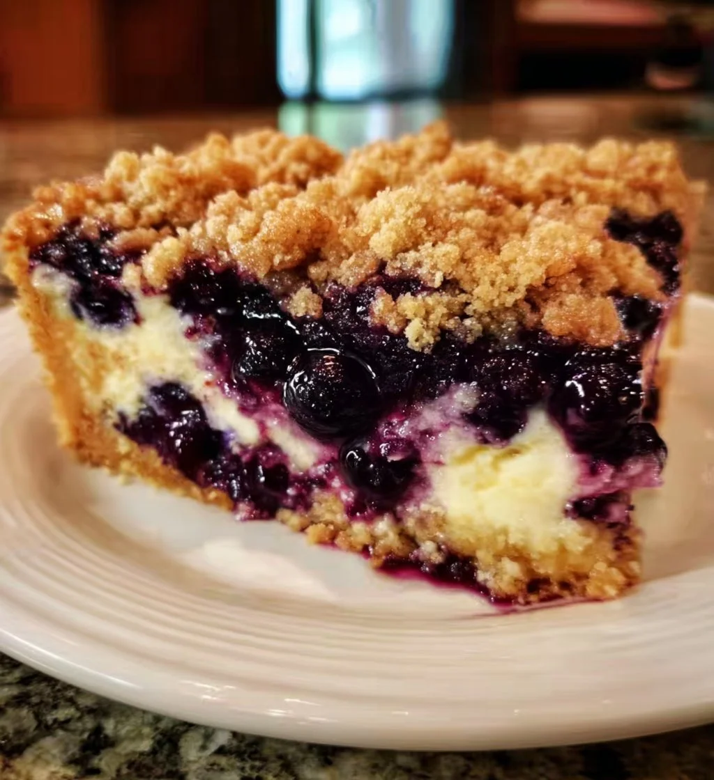Sherry's blueberry cream cheese crumb cake with fresh blueberries.