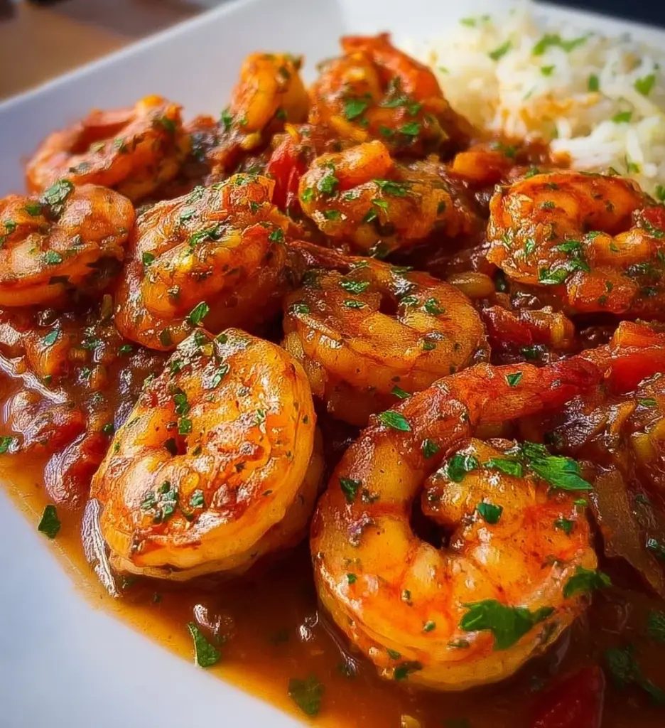 Delicious plate of Shrimp Creole served with rice and garnished with herbs