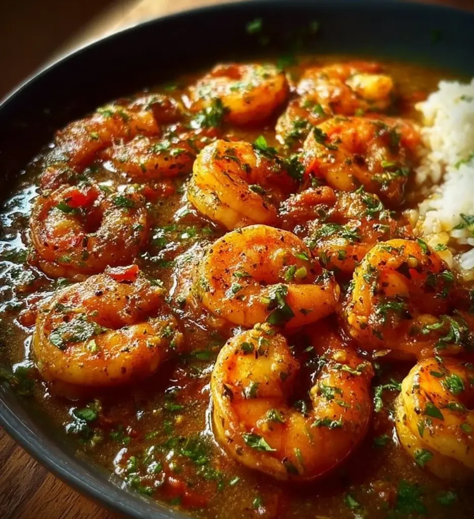 Delicious Shrimp Étouffée served in a bowl with rice and herbs