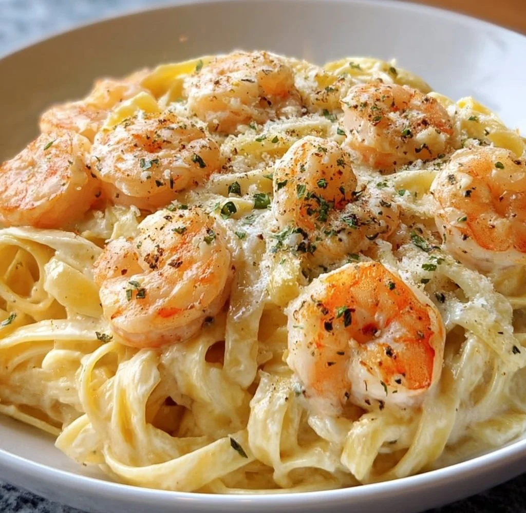 Creamy shrimp fettuccine alfredo served in a white bowl with parsley garnish.