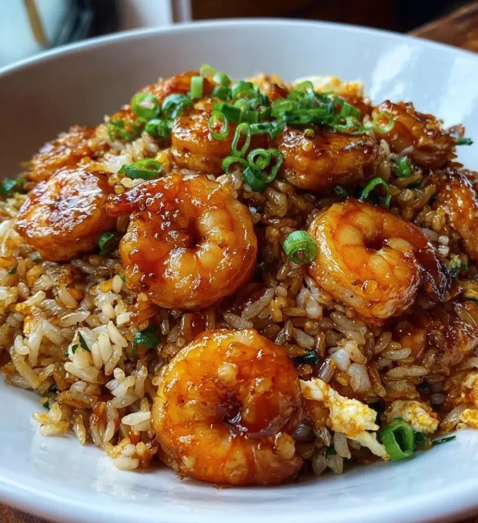 Plate of shrimp fried rice with garlic and vegetables