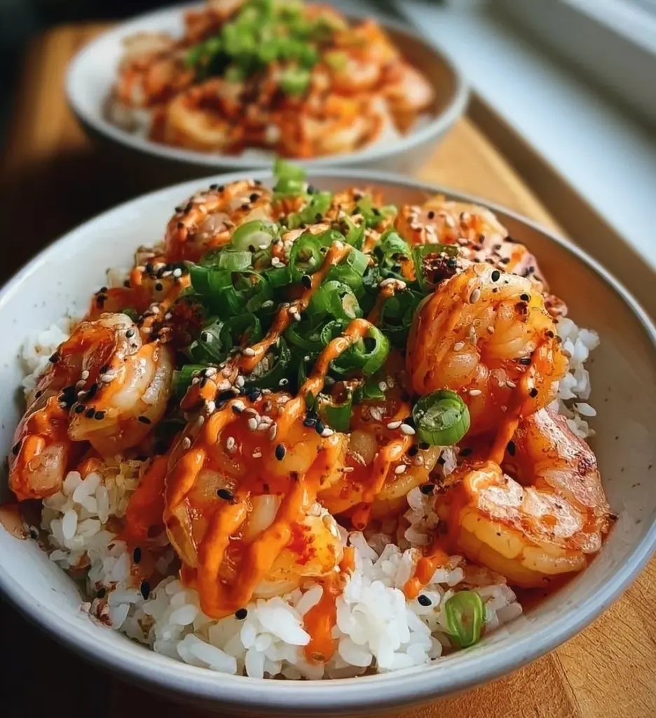 Shrimp rice bowls drizzled with spicy mayo on a wooden table.
