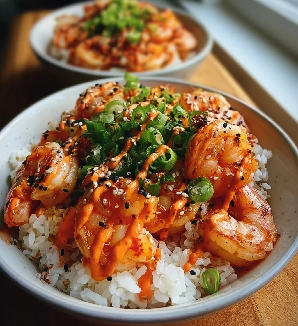 Shrimp rice bowls drizzled with spicy mayo on a wooden table.