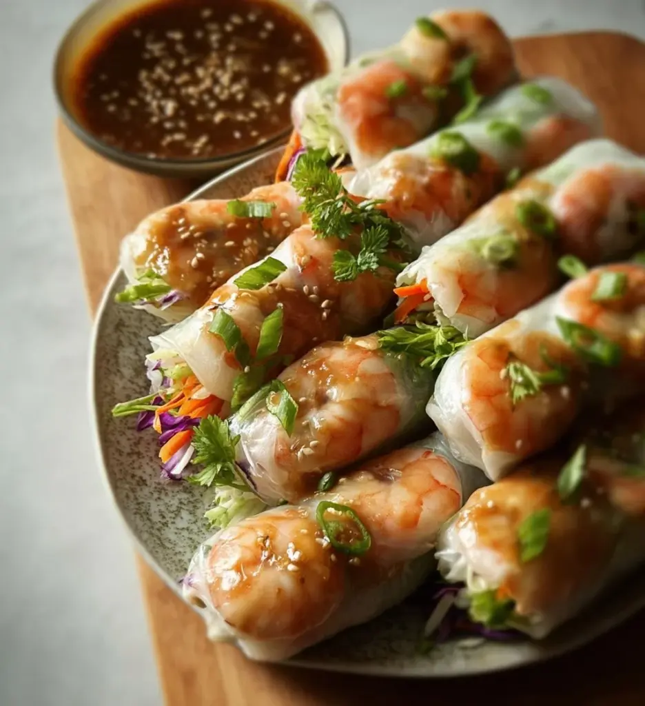 Delicious shrimp spring rolls served with dipping sauce.