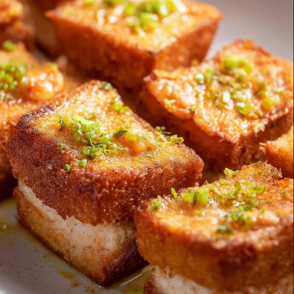 Crispy shrimp toast topped with fresh herbs and served on a white plate