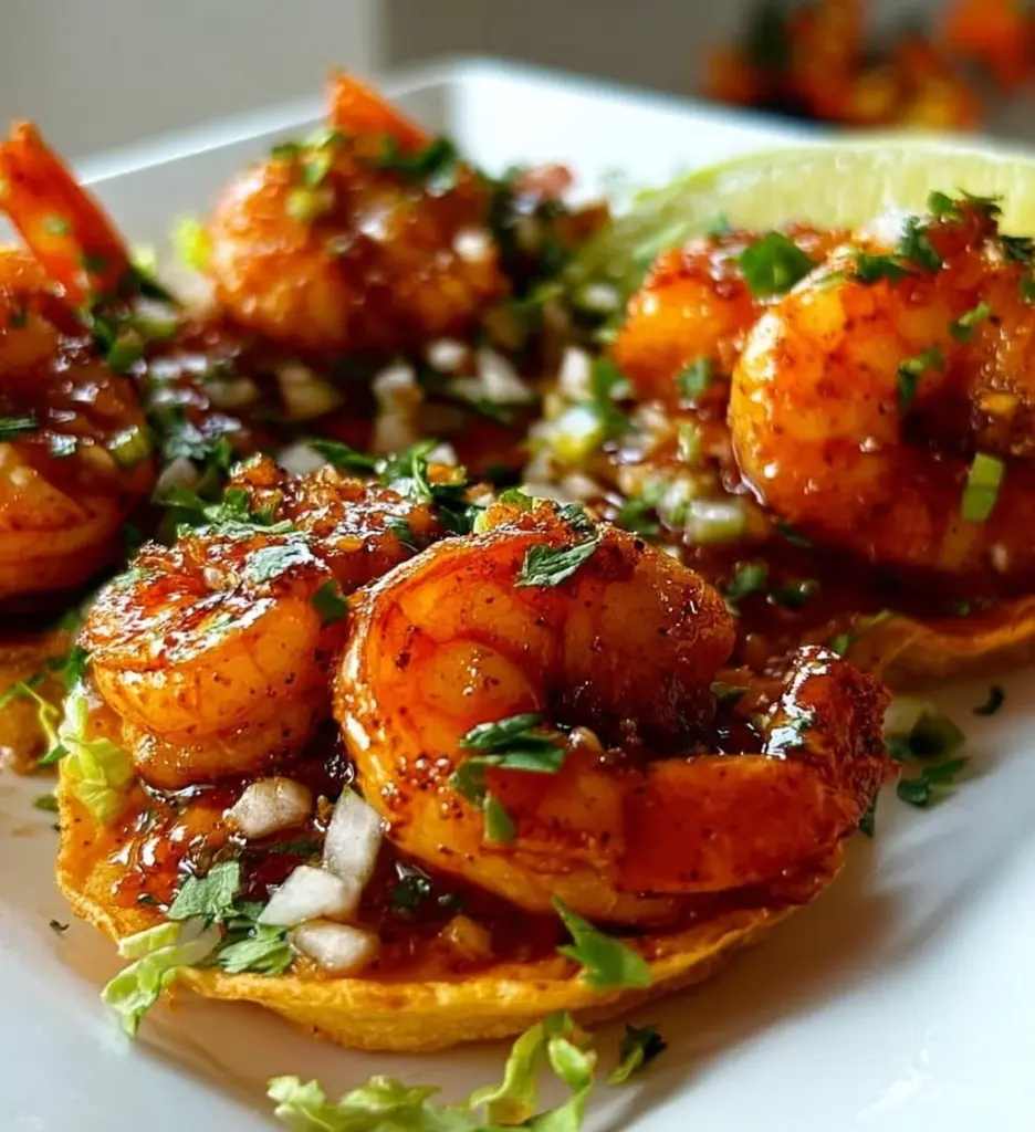 Delicious shrimp tostadas topped with fresh salsa and garnishes