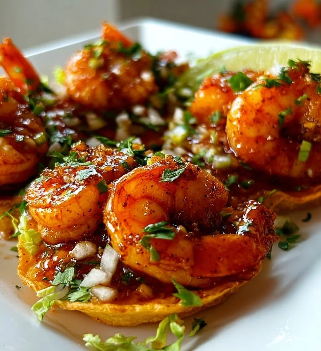 Delicious shrimp tostadas topped with fresh salsa and garnishes