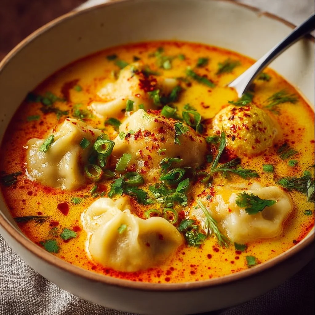 Bowl of Simple Coconut Curry Soup with dumplings and fresh herbs