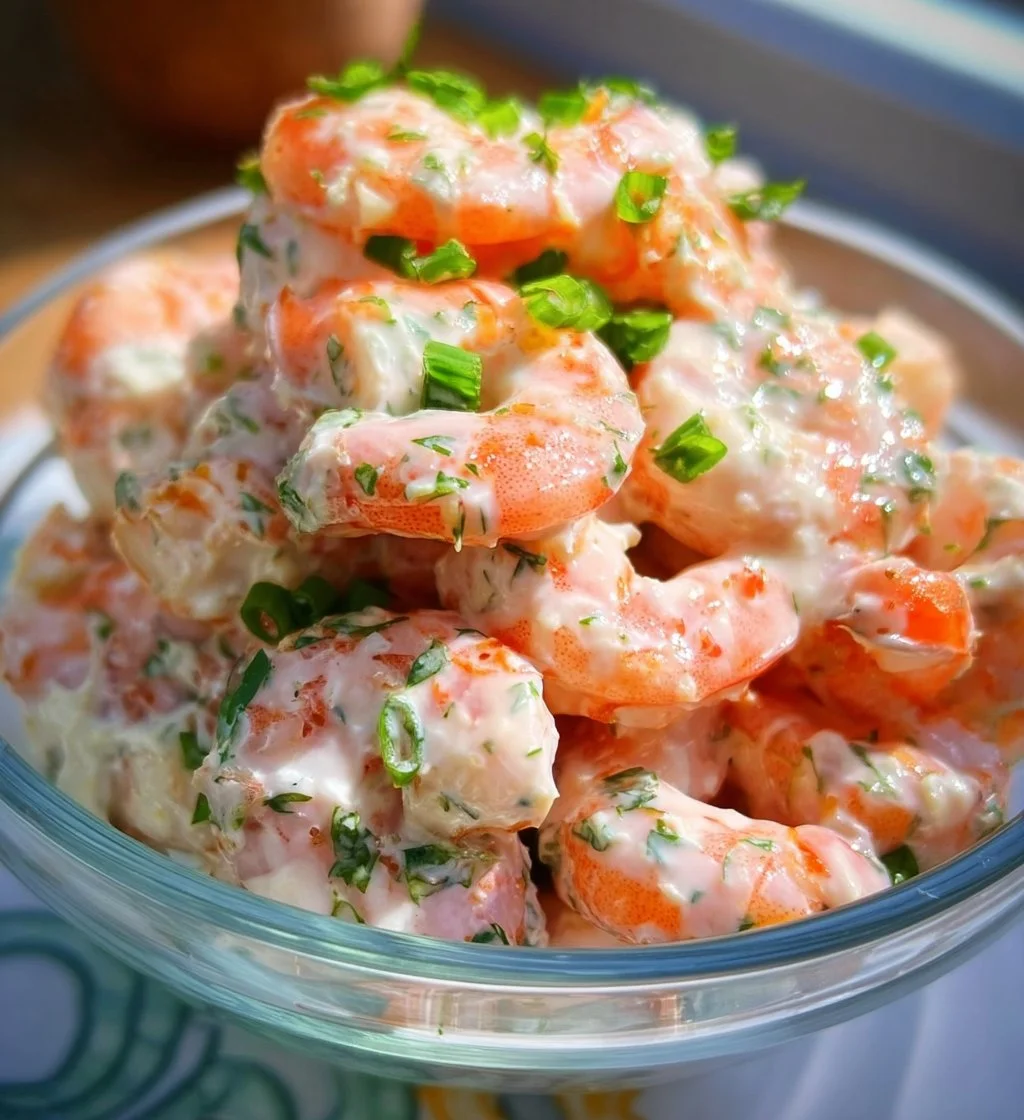 A bowl of simple creamy shrimp salad with fresh ingredients on a wooden table.