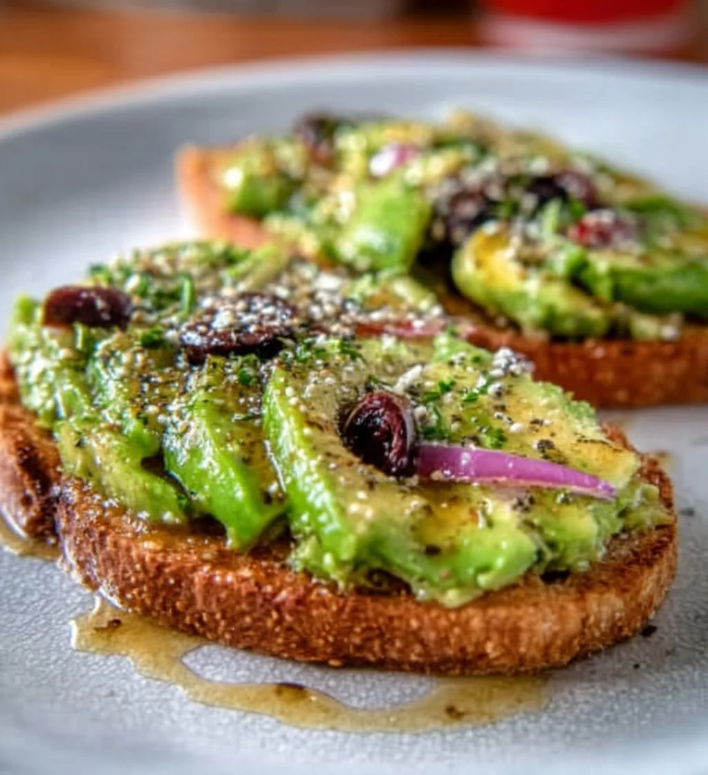 Simple Greek avocado toast topped with feta and olives on a plate.