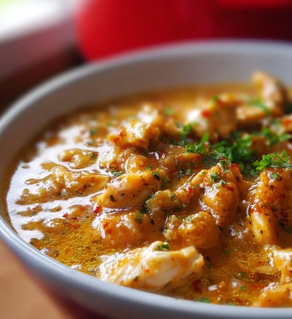 Delicious bowl of Keto White Chicken Chili garnished with fresh herbs