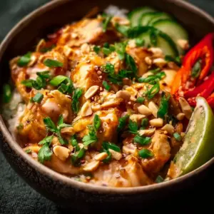 Slow Cooker Thai Peanut Chicken served with rice and vegetables