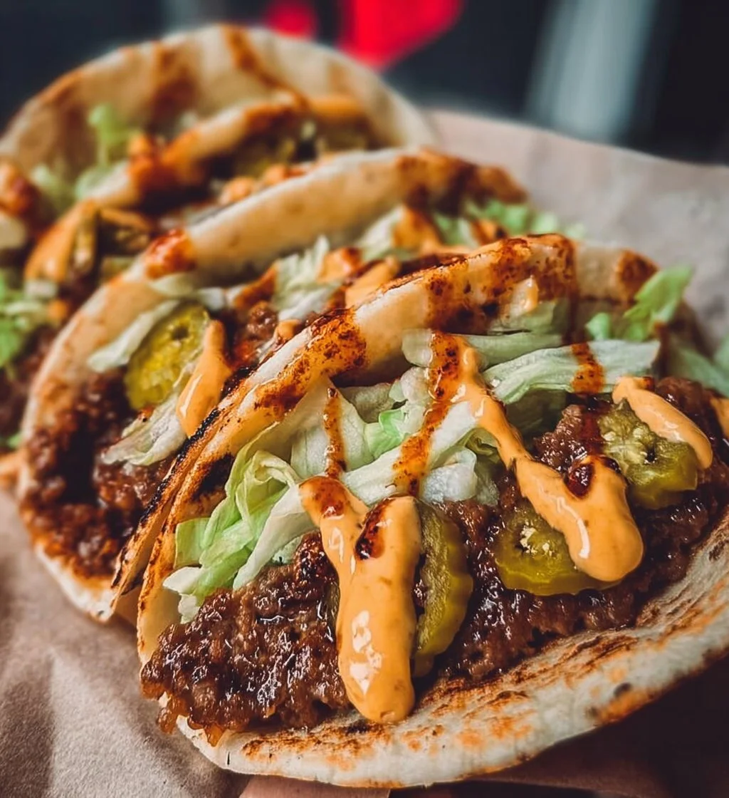 Delicious smash burger tacos served on a plate with toppings