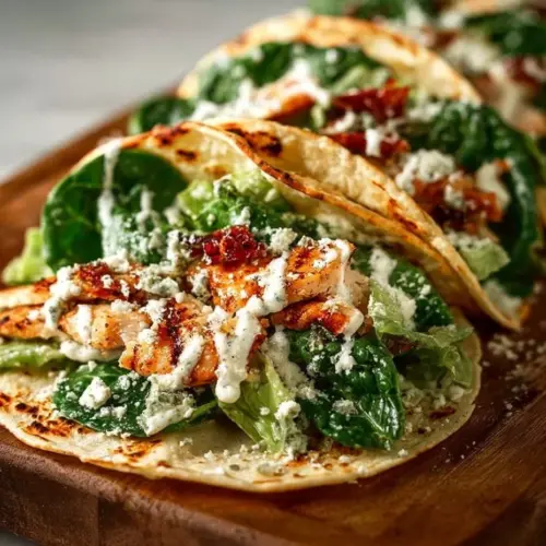 Smash Chicken Caesar Tacos with crispy chicken, romaine lettuce, and Caesar dressing