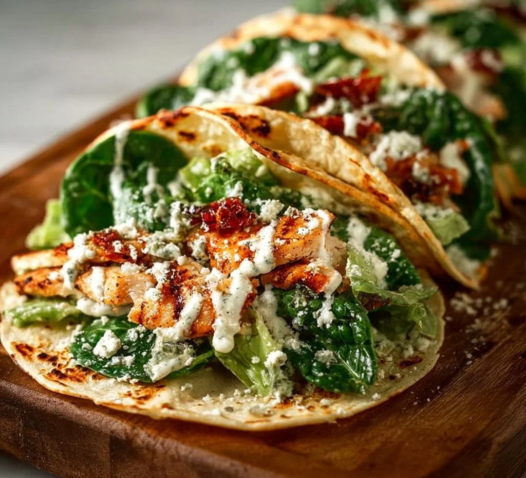 Smash Chicken Caesar Tacos with crispy chicken, romaine lettuce, and Caesar dressing