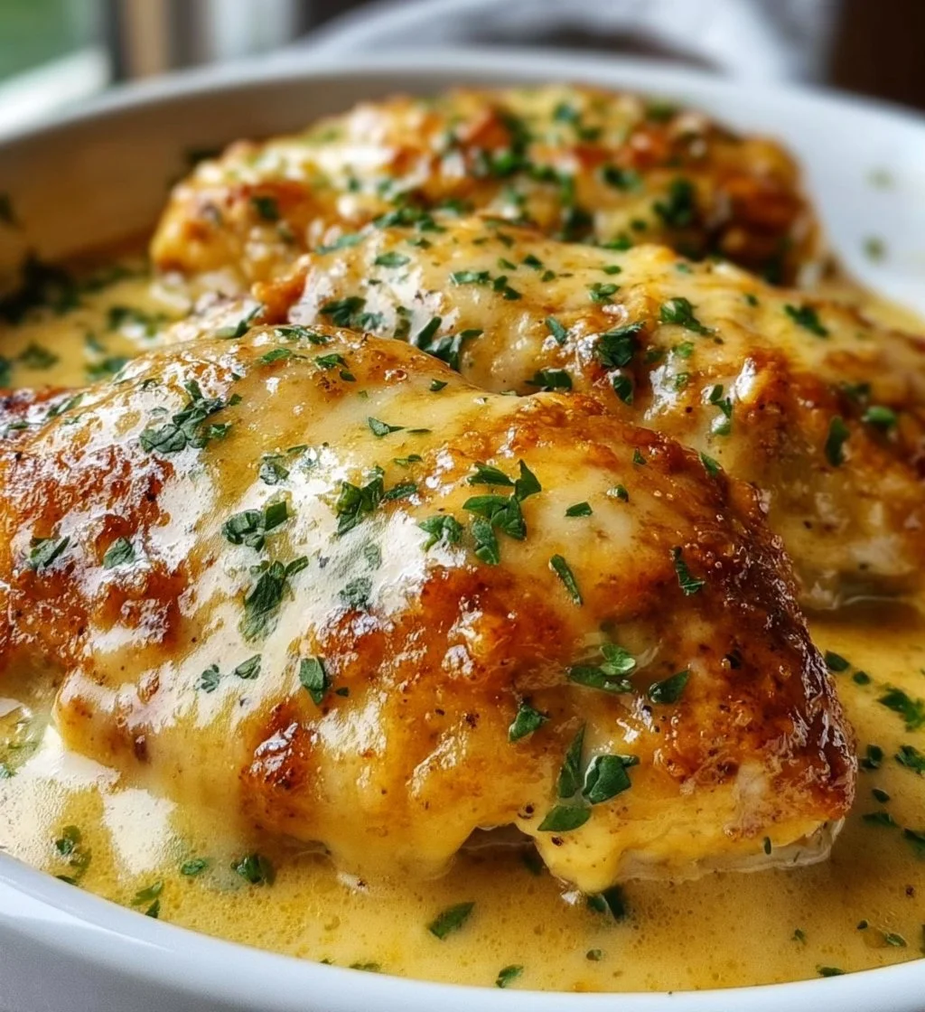 Smothered cheesy sour cream chicken served with herbs and side dishes