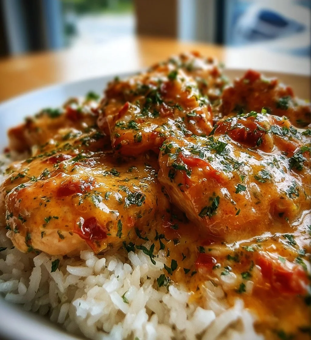 Delicious smothered chicken served over fluffy rice, drizzled in savory gravy.