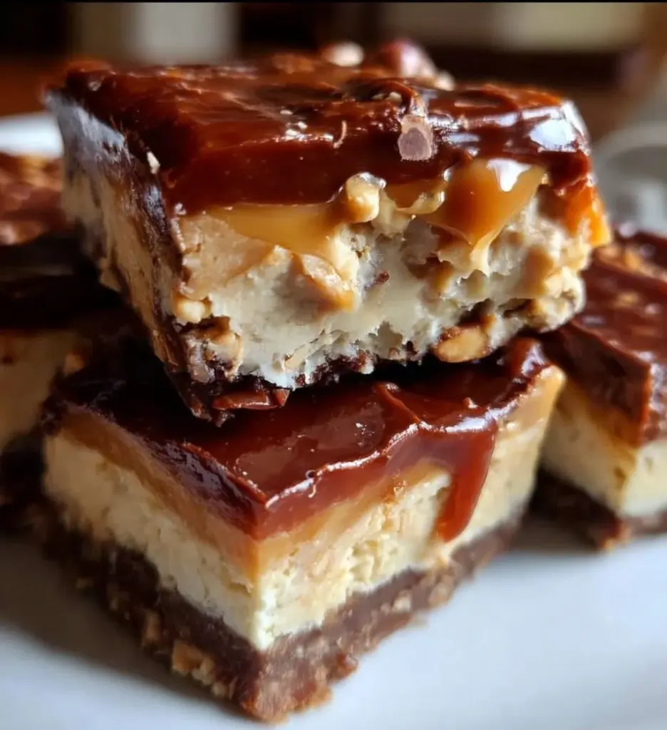 Delicious Snickers Cheesecake Bars topped with chocolate and caramel