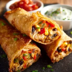 Delicious Southwest Chicken Egg Rolls served with salsa dipping sauce