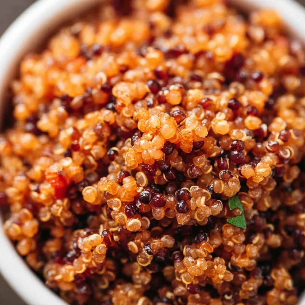 Bowl of Spanish Quinoa with fresh vegetables and spices