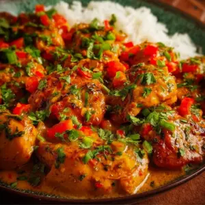 Spicy Brazilian Coconut Chicken garnished with fresh herbs and spices.