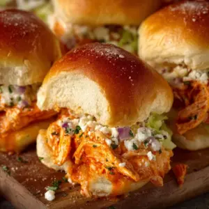 Spicy Buffalo Chicken Sliders served on a platter with dipping sauce