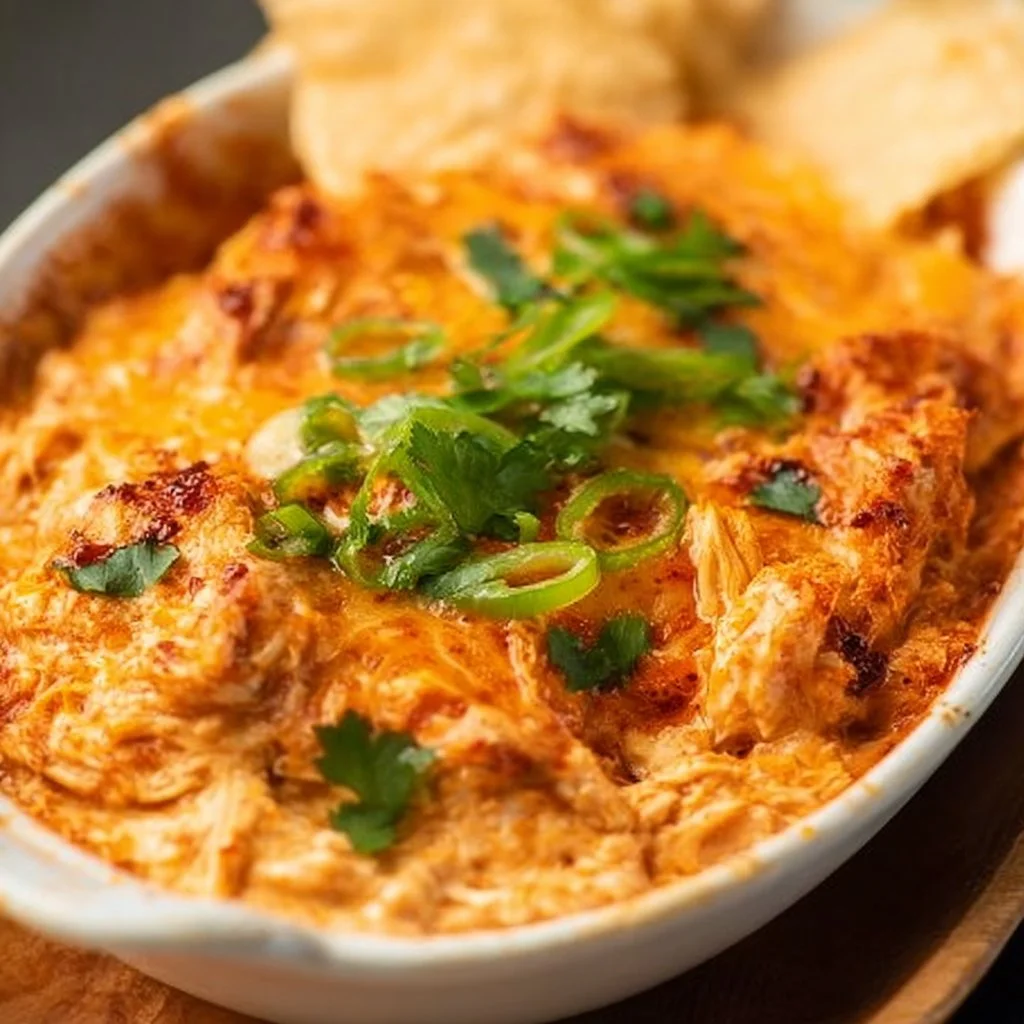 Delicious and creamy Spicy Chicken Dip served with tortilla chips.
