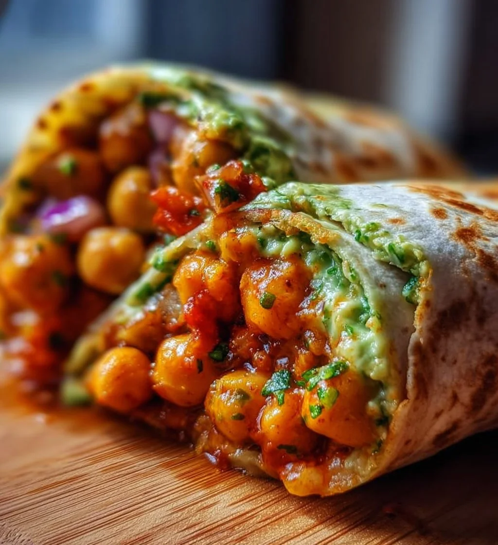 Spicy chickpea and avocado wrap served on a plate