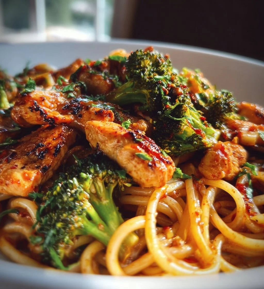 Delicious Spicy Garlic Chicken and Broccoli Noodle Bowls served in a vibrant dish