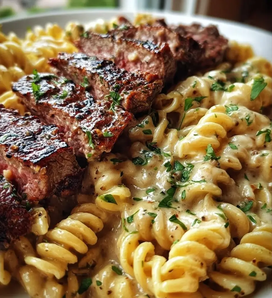Steak and creamy garlic parmesan pasta dish served in a bowl