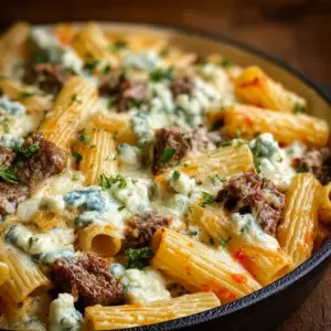 Steak and blue cheese rigatoni bake topped with fresh herbs and cheese