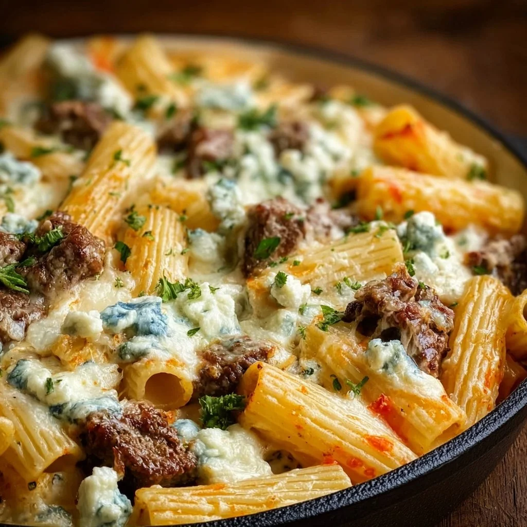Steak and blue cheese rigatoni bake topped with fresh herbs and cheese
