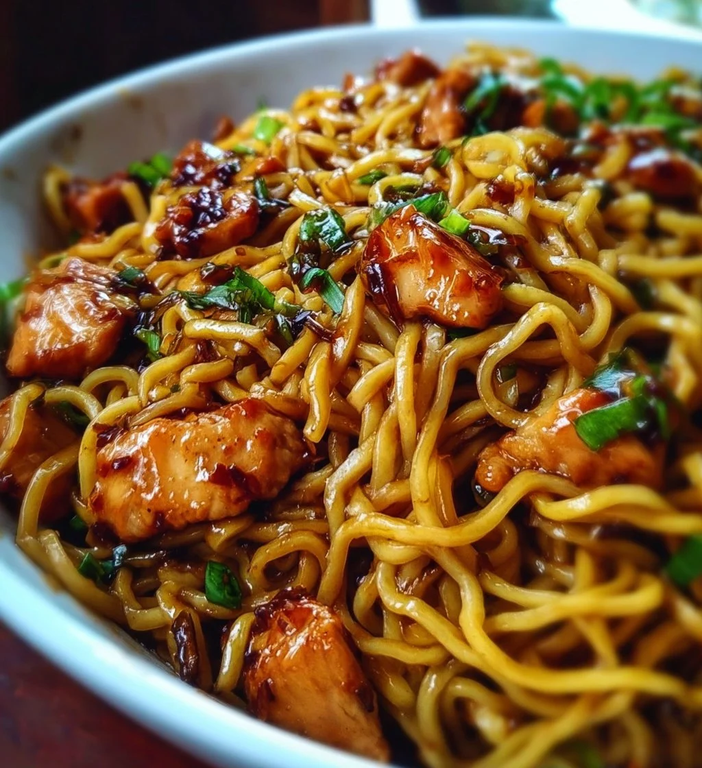 Delicious Sticky Garlic Chicken Noodles served in a bowl with fresh herbs