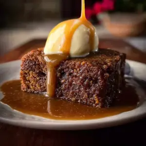 Delicious sticky toffee pudding served with cream and caramel sauce